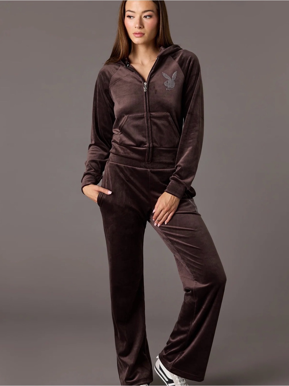 PLAYBOY Chocolate Brown Velour Zip 2PCS Track Suit with Rhinestone Bunny